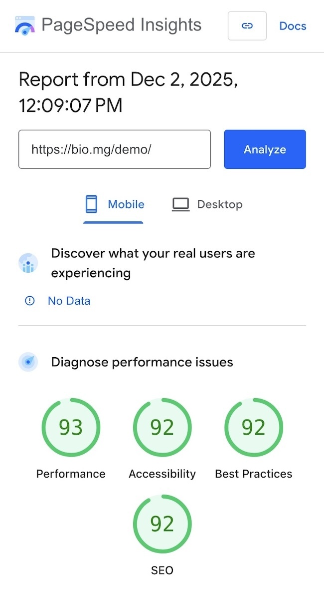 Bio sering kali mendapat skor hampir sempurna di penguji situs web Google, Pagespeed Insights